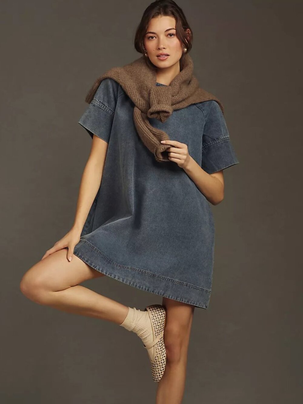 Anthropologie Porridge Short-Sleeve Denim Swing Mini Dress